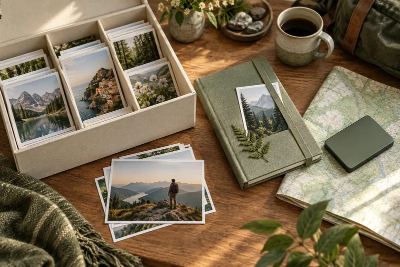 Una scatola d'archivio per fotografie, un diario, una mappa e un'unità di memoria portatile