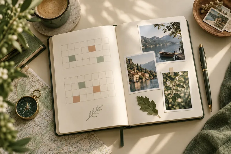 Un diario aperto con due calendari mensili e fotografie di viaggio