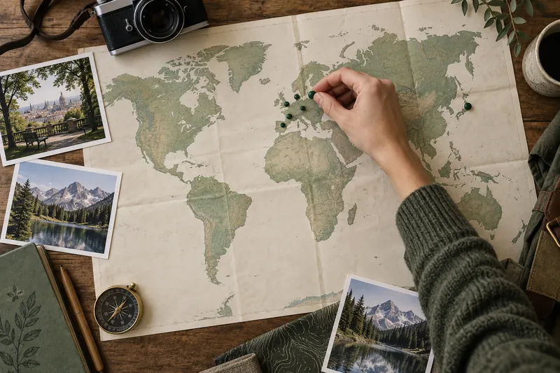 Una mappa del mondo su carta con piccoli segnaposto di viaggio e fotografie stampate